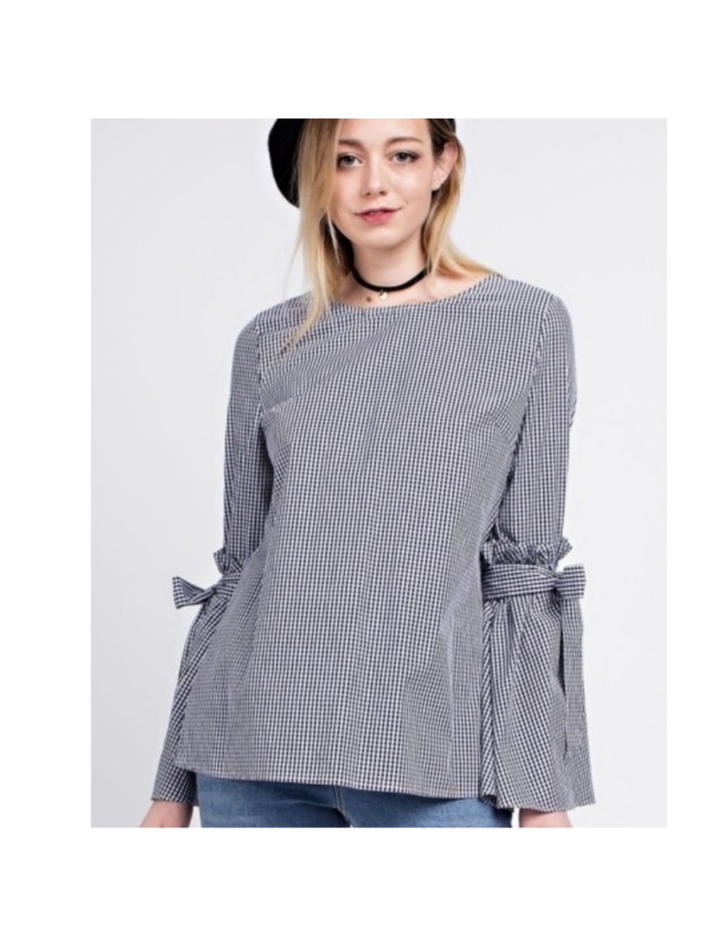 Black & White Flared Gingham Tie-Sleeve Women's Top